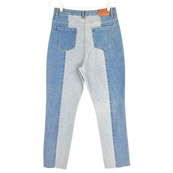 Missguided Women Colourblock Wrath Straight Leg Blue Denim Jean Sz 8 Raw Hem NWT - Picture 2 of 11